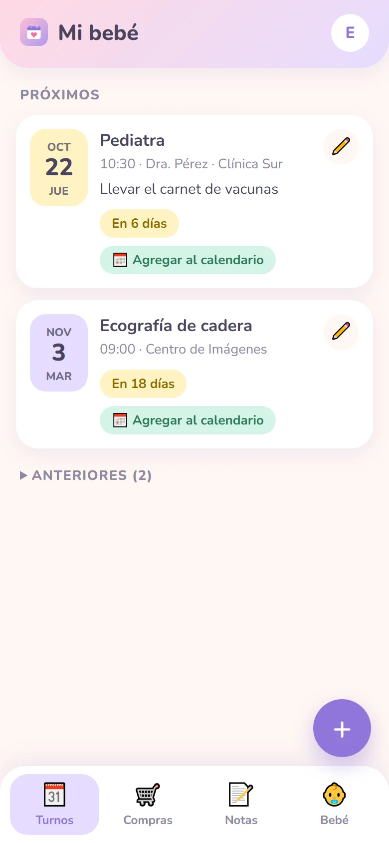 Pantalla de turnos médicos de la agenda del bebé