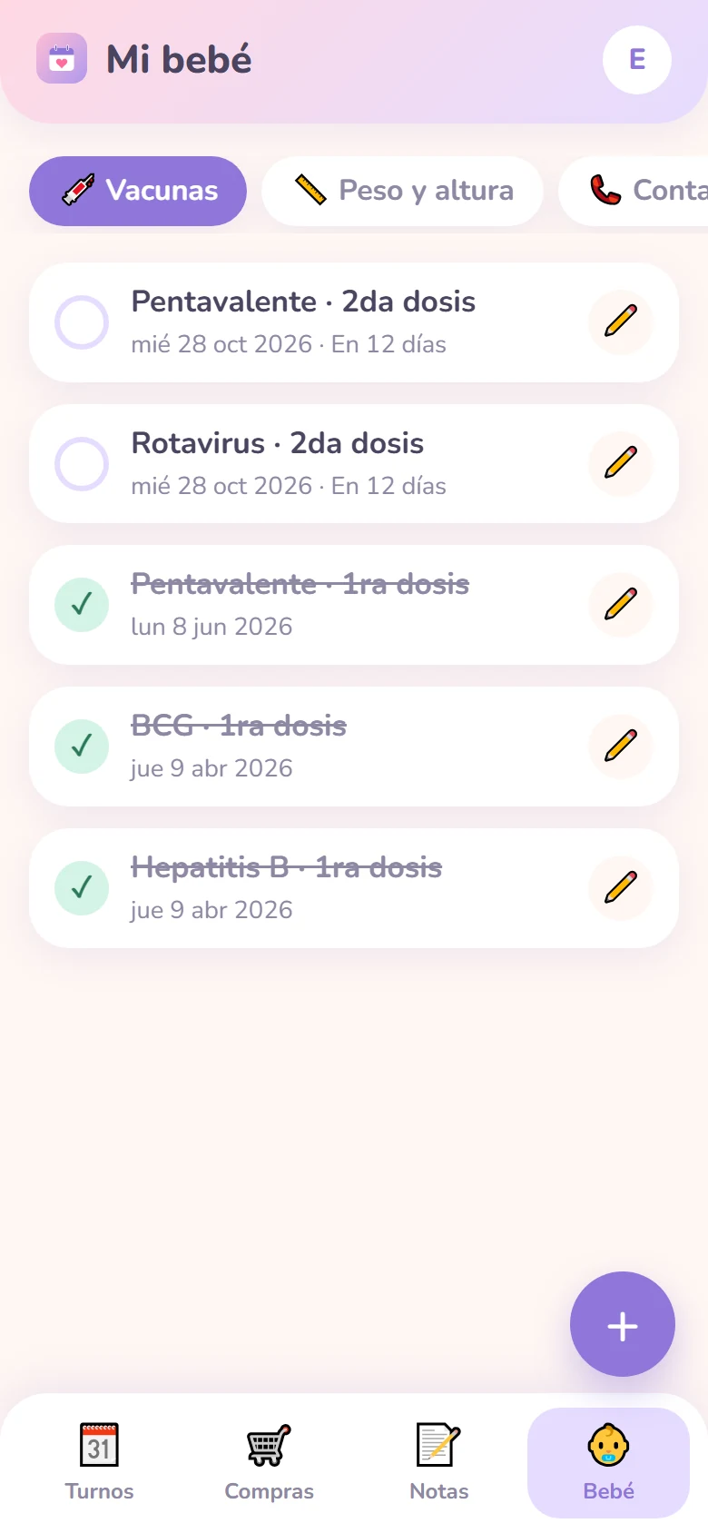Pantalla de vacunas de la agenda del bebé